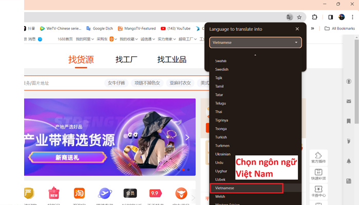 tìm và chọn “Vietnamese”