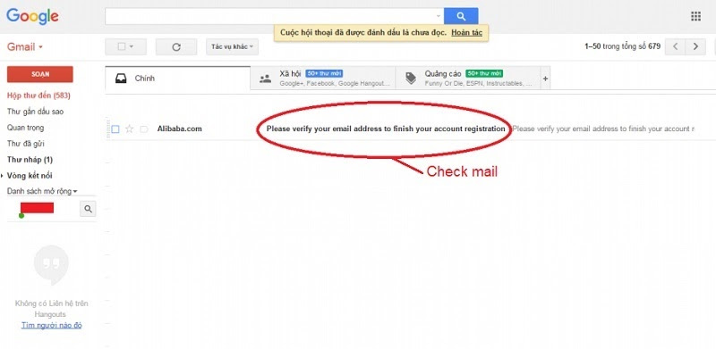 Alibaba gửi email xác nhận đến địa chỉ đã đăng ký