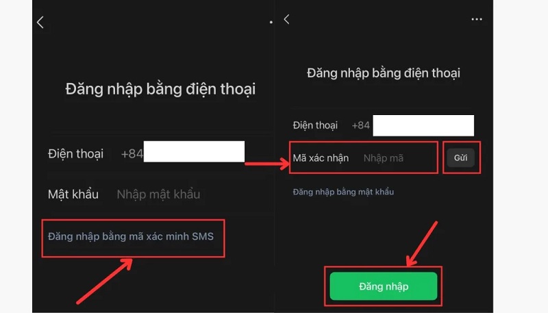 nhấn “Đăng nhập bằng mã xác minh SMS” và nhập OTP