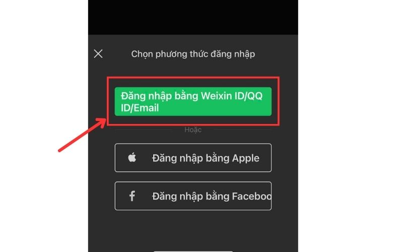 Chọn đăng nhập WeChat bằng Weixin ID, QQ ID hoặc Email