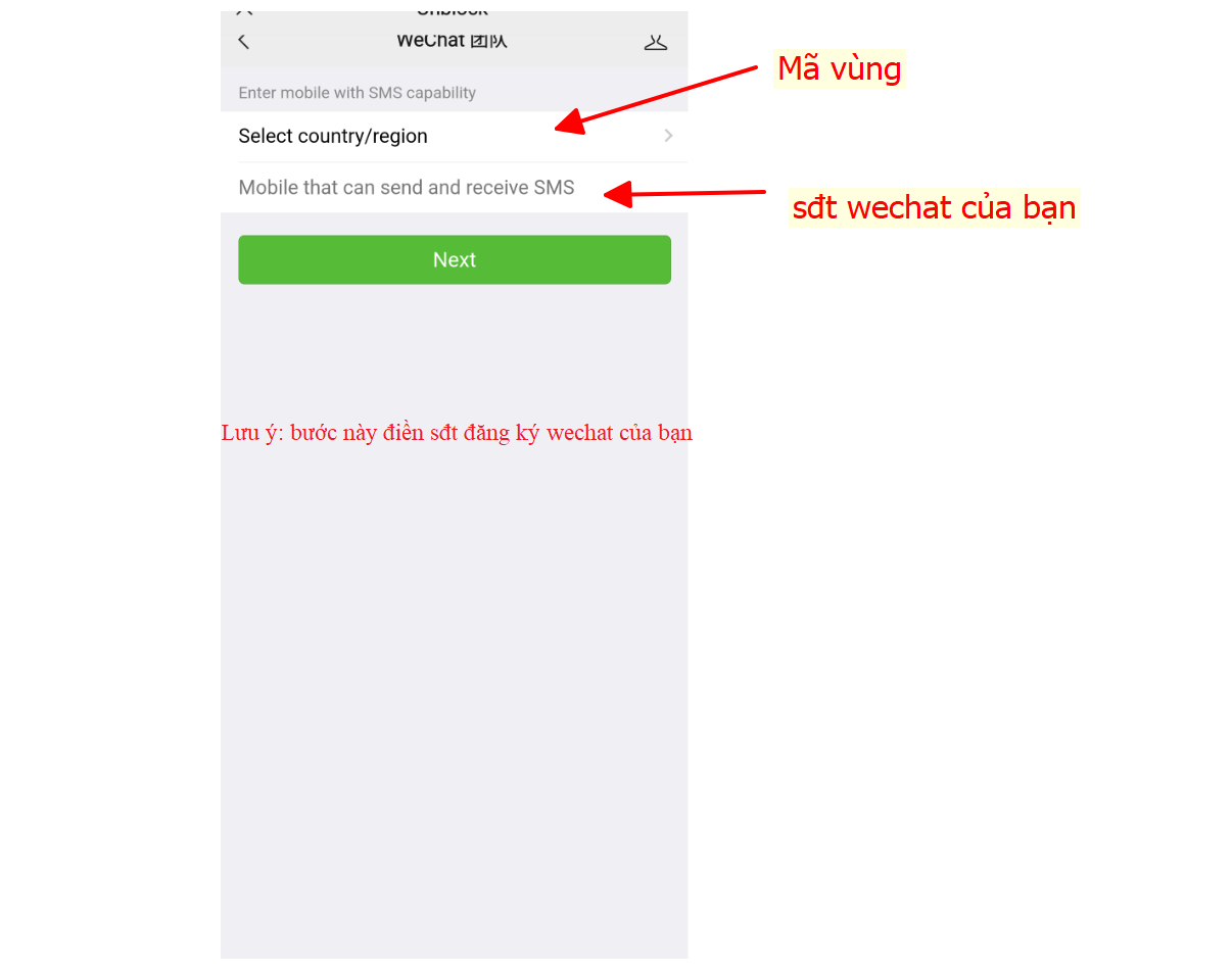 chọn mã vùng và nhập số điện thoại đã dùng để tạo wechat 