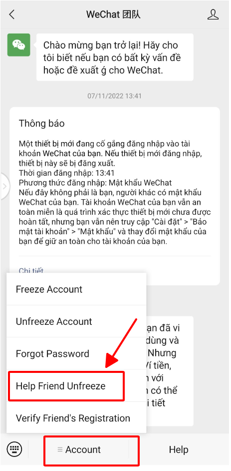 chọn mục “Help Friend Unfreeze”