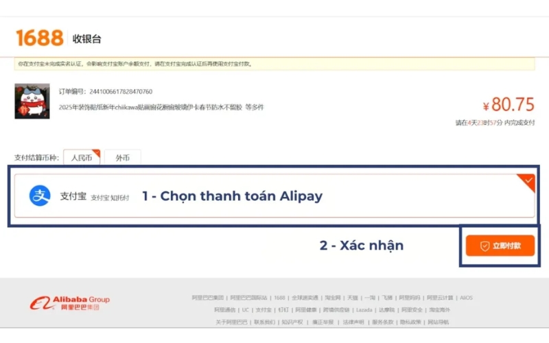 chọn phương thức thanh toán bằng Alipay