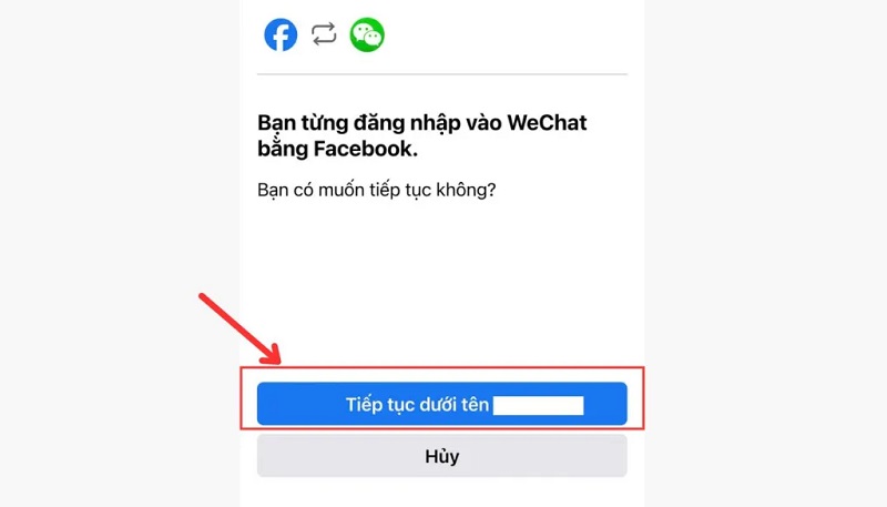 Nhấn vào khung chữ màu xanh “Tiếp tục dưới tên (...)”