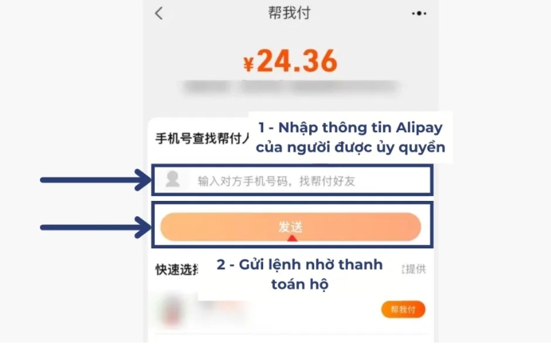 nhập thông tin Alipay của người được ủy quyền và gửi lệnh thanh toán hộ