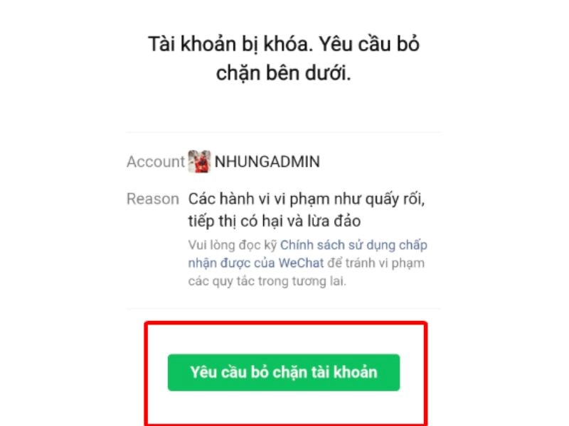 nhấn chọn “Yêu cầu bỏ chặn tài khoản”