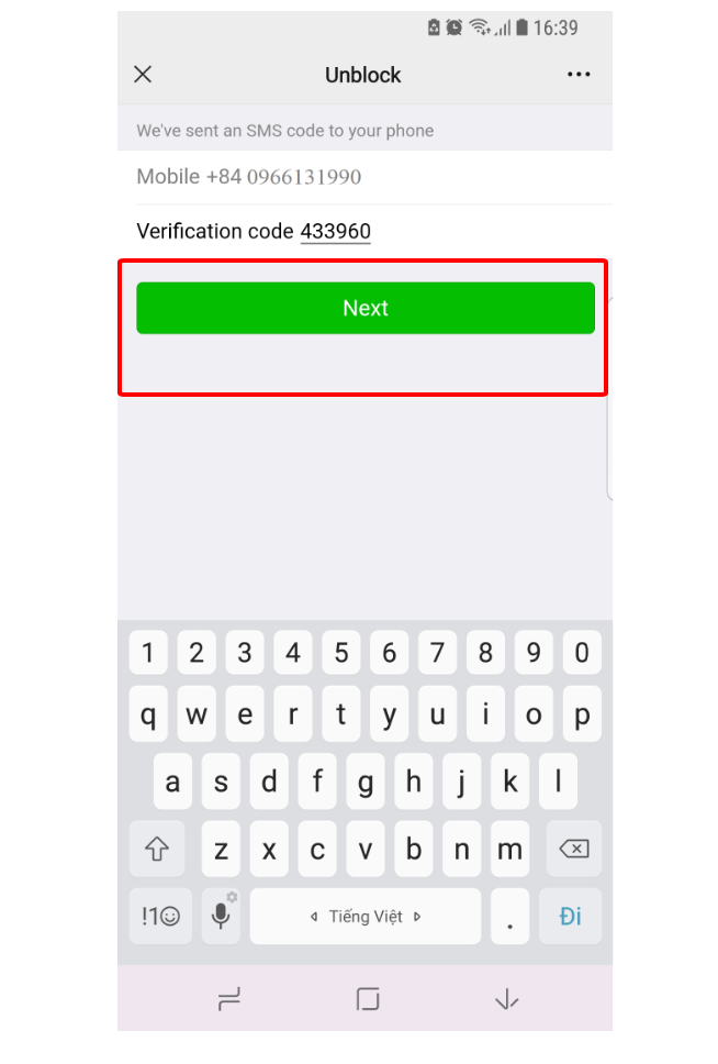 nhập mã xác minh vào ô “Verification” rồi bấm nút “Next”