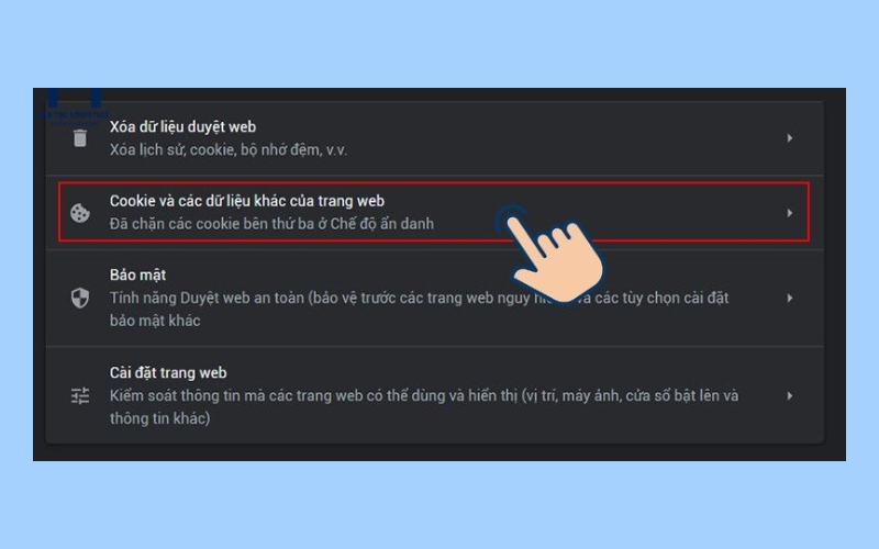 Nhấn vào Cookie và các dữ liệu khác của trang web