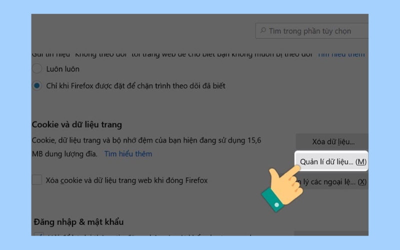 Nhấn vào Quản lý dữ liệu tại phần Cookie và dữ liệu trang