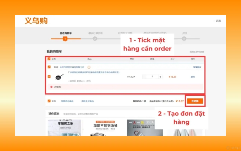 Chọn sản phẩm cần đặt và nhấn “去结算” để tạo đơn mua hàng
