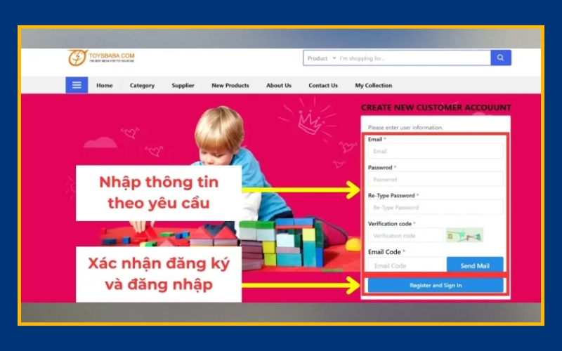 điềm thông tin đăng ký tài khoản Toybaba và nhấn Register and Sign in