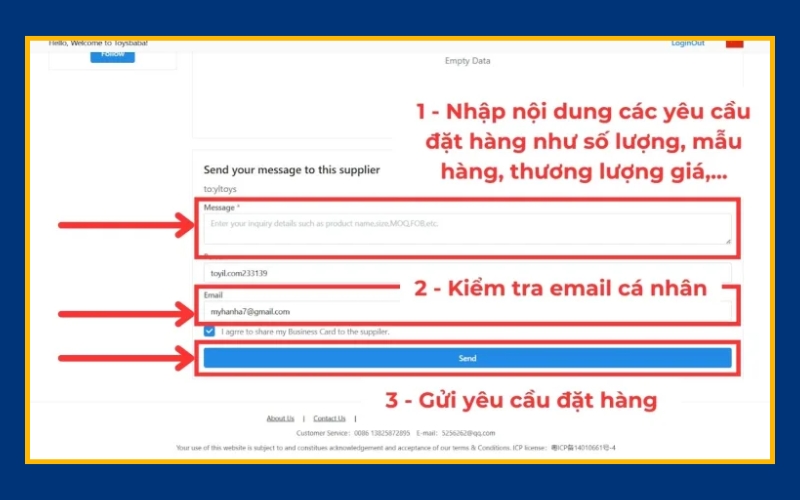 nhập thông tin yêu cầu đặt hàng Toybaba và nhấn Send