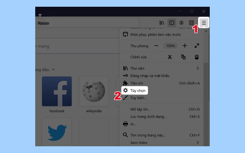 Mở Firefox, chọn biểu tượng ba dấu gạch ngang ở góc phải và nhấn Tùy chọn