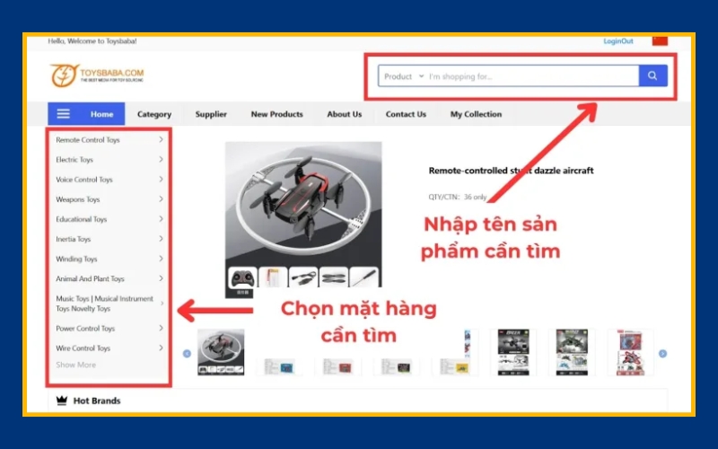 tìm kiếm sản phẩm cần mua trên Toybaba thông qua từ khóa hoặc danh mục