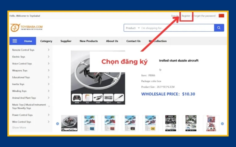 Truy cập vào website Toybaba.com và nhấn Register