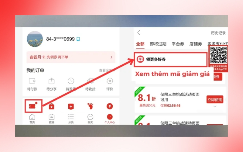 nhấn vào biểu tượng phiếu giảm giá màu đỏ