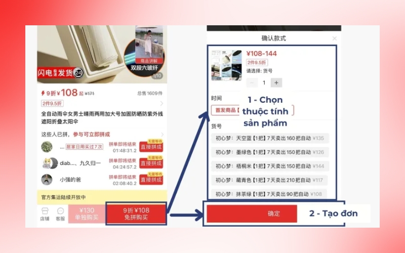 Nhấn chọn thuộc tính sản phẩm và tạo đơn order