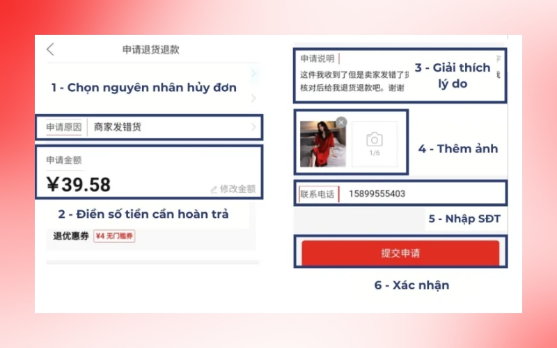 gửi yêu cầu trả hàng hoàn tiền