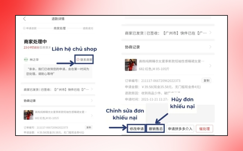 Liên hệ với chủ shop yêu cầu xử lý đơn khiếu nại hoặc chỉnh sửa, hủy đơn