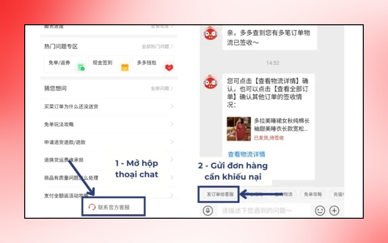 Mở hộp thoại chat với bộ phận CSKH Pinduoduo và nhấn “发订单给服务”
