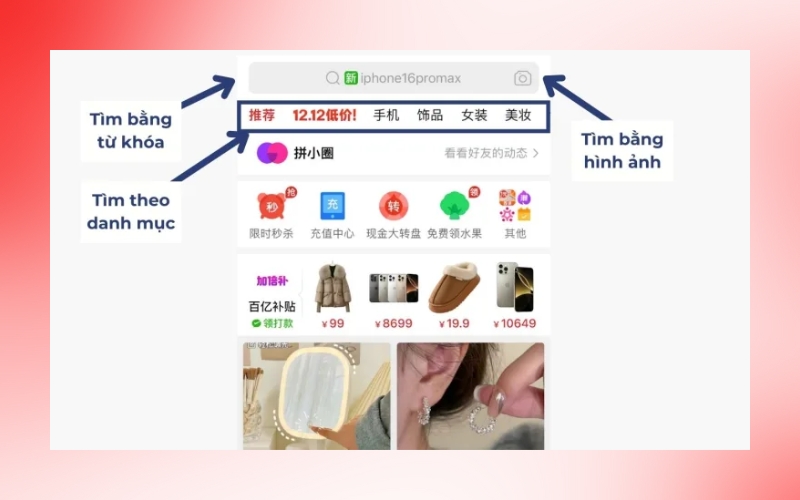 tìm kiếm sản phẩm muốn mua trên Pinduoduo