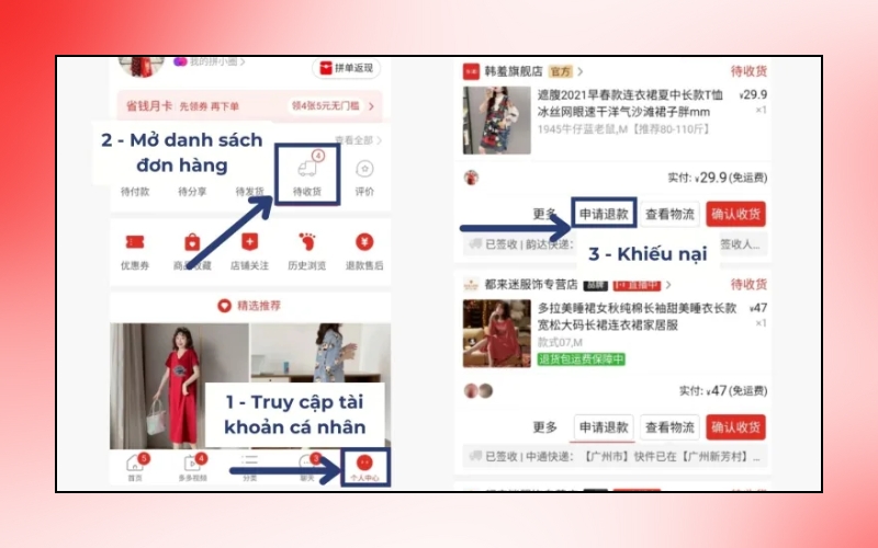 Truy cập tài khoản cá nhân và chọn đơn hàng cần khiếu nại, hoàn tiền trên Pinduoduo