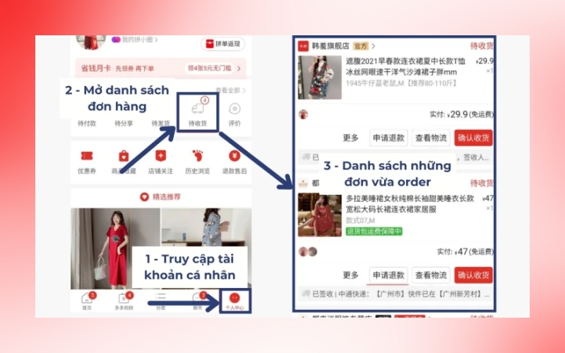 vào mục tài khoản cá nhân và mở danh sách đơn hàng