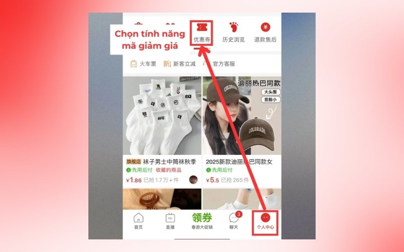 truy cập vào mục Tài khoản cá nhân, sau đó nhấn chọn Phiếu giảm giá