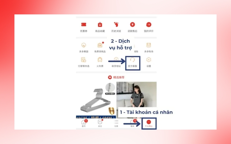 vào mục tài khoản cá nhân và mở dịch vụ hỗ trợ