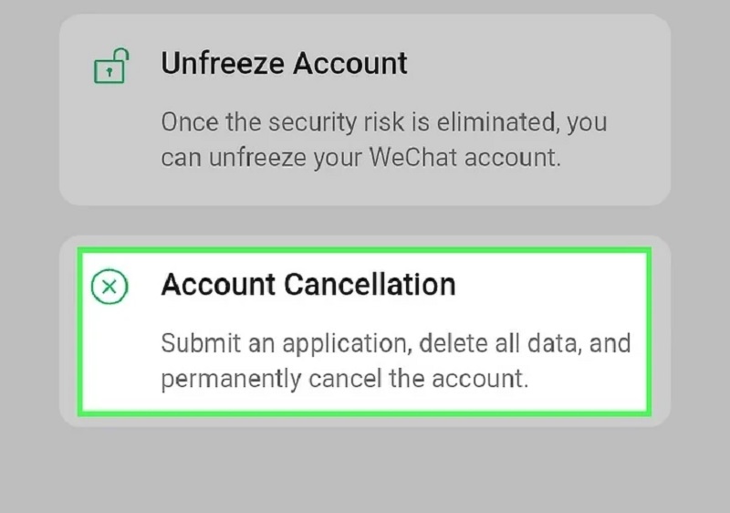 chọn Account Cancellation (Hủy tài khoản)