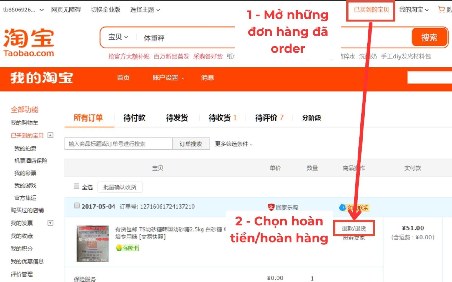 Chọn đơn hàng cần gửi khiếu nại
