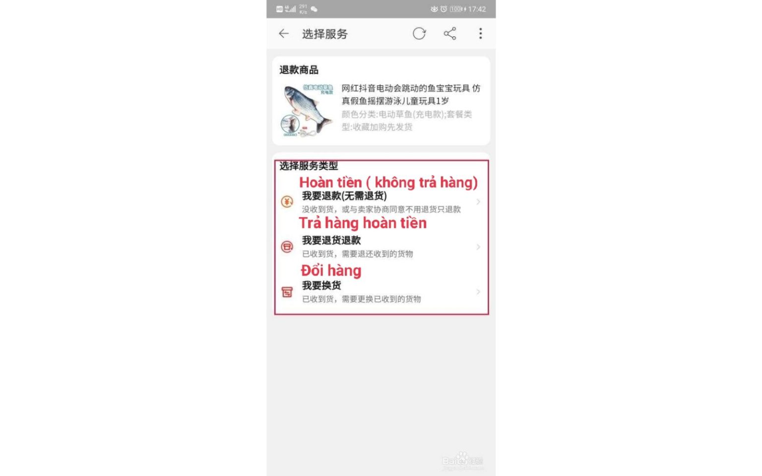 nhấn chọn phương án đổi trả hàng phù hợp