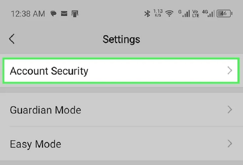 nhấn vào Account Security (Bảo mật tài khoản)