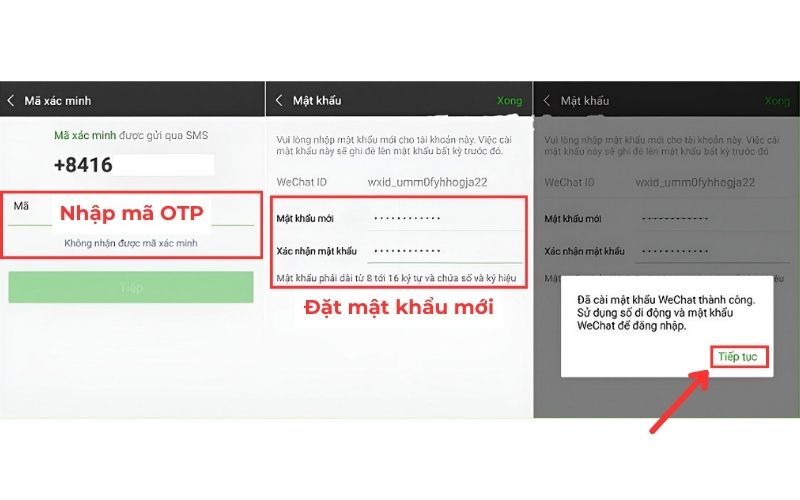 nhập mã OTP và tạo mật khẩu mới