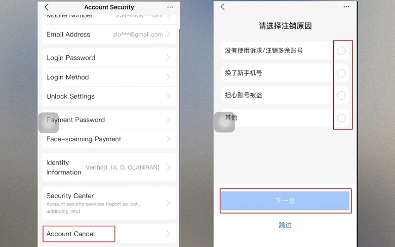 nhấn vào Account Cancel và chọn lý do hủy tài khoản