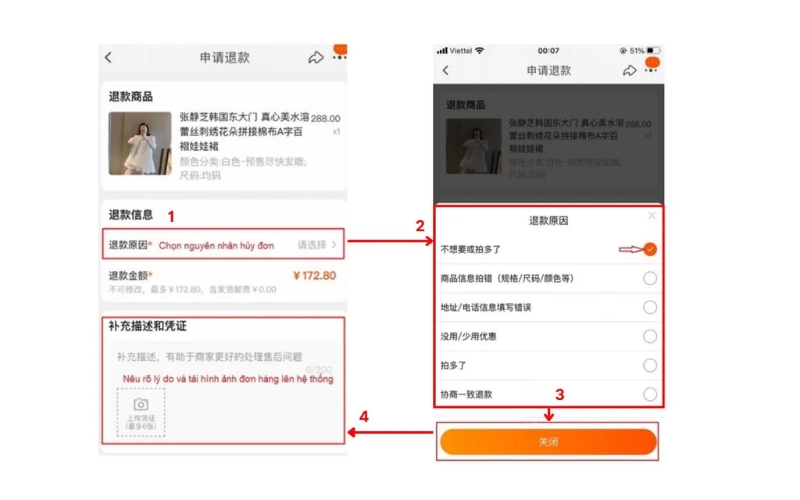 chọn lý do hủy đơn Taobao và điền thông tin