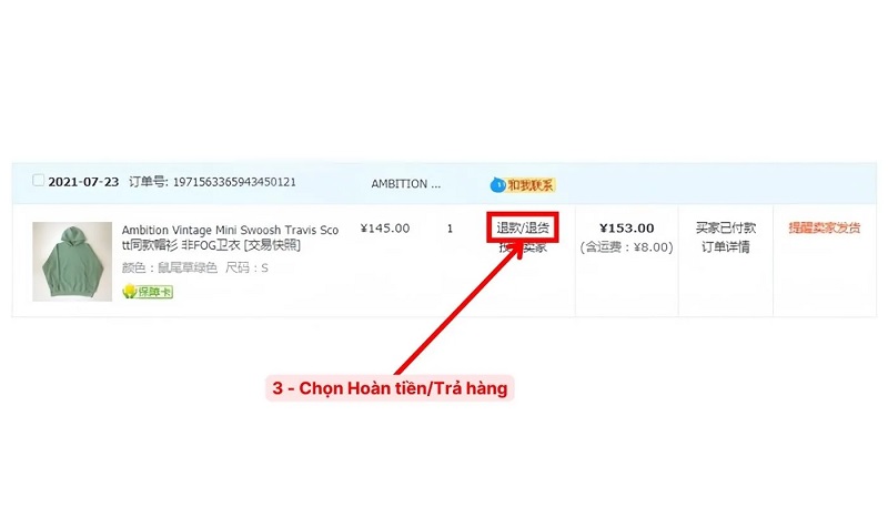 chọn mục Hoàn tiền/Trả hàng