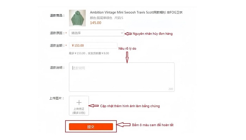 chọn lý do hủy đơn Taobao và điền thông tin