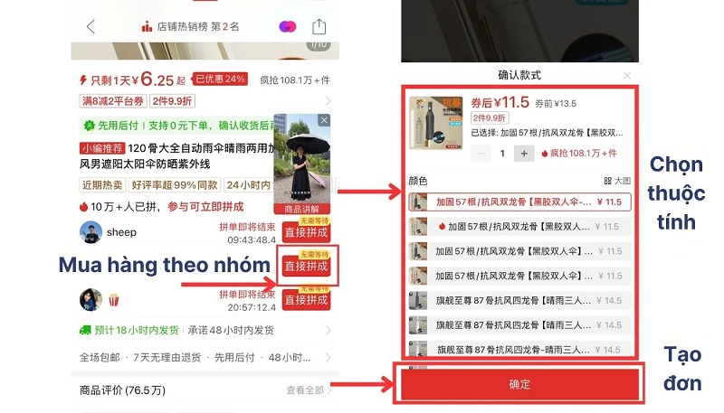 Tham gia nhóm mua hàng và chọn thông số sản phẩm
