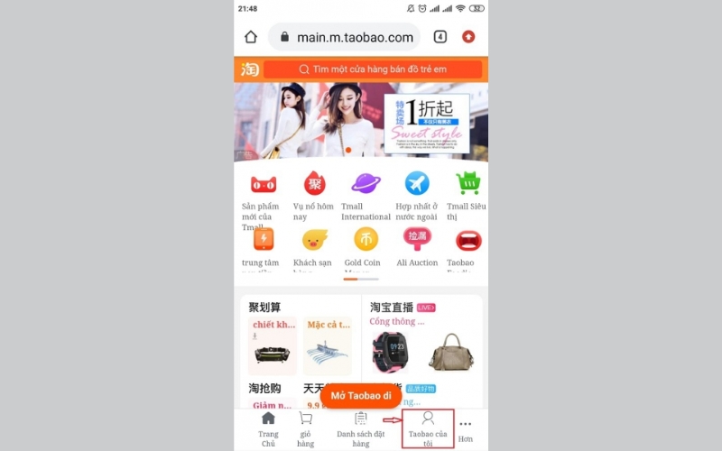 nhấn vào mục Taobao của tôi