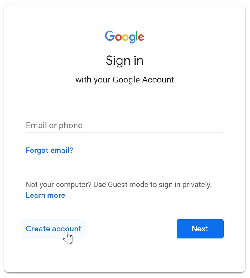 nhấn vào nút "Create account"